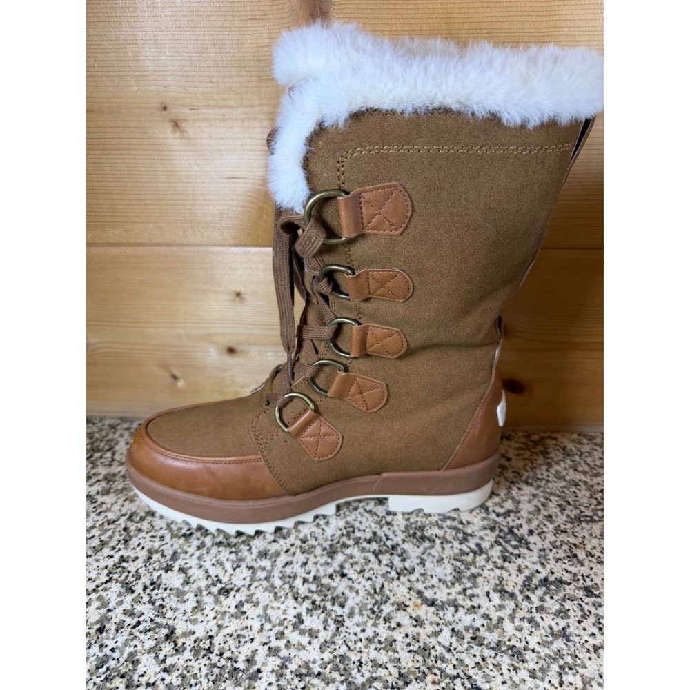 Dream Pairs Womens Mid Calf Snow Boots Tan Brown Faux Fur Trim Lace Up Boots - Picture 3 of 13